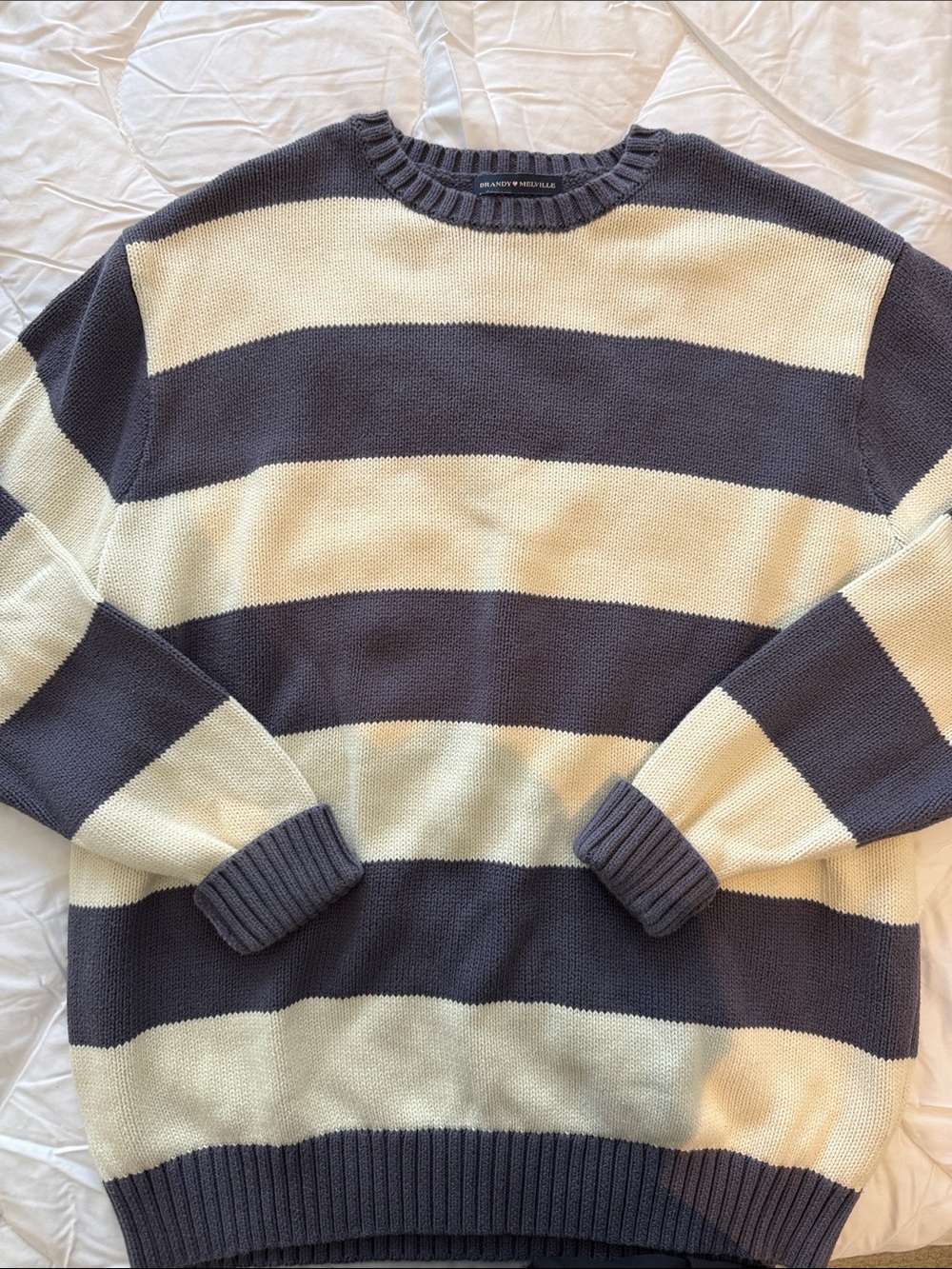Brandy Melville Navy & Cream Striped Crewneck Sweater